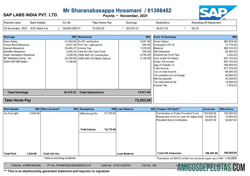 Recibo de vencimento do Sap Labs amostra